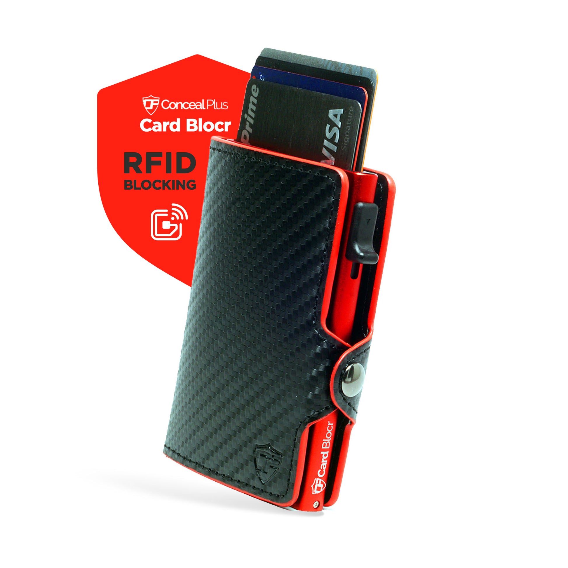 Conceal Plus Card Blocr Credit Card Wallet RFID Blocking Slim Minimalist Card Holder (Red Carbon Fiber), Carbon Fiber PU Red